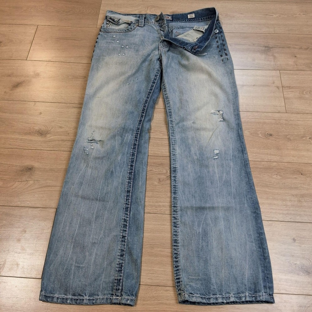MEK Denim Jaislamer Bootcut Jeans Mens 34x34 Light Wash Blue Distressed Denim